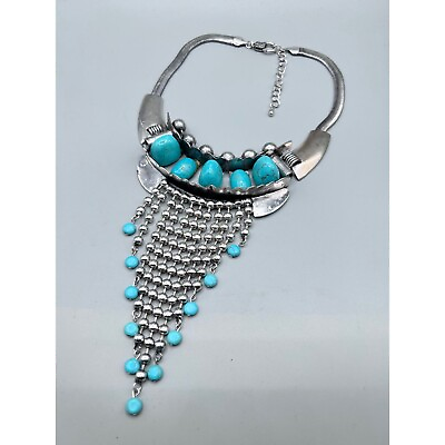 #ad Massive Silver Tone Faux Turquoise Statement Necklace Ball Chain Fringe Bib 80s $89.00