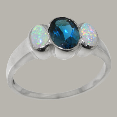 #ad Solid 925 Sterling Silver Natural London Blue Topaz amp; Opal Womens Trilogy Ring $149.00