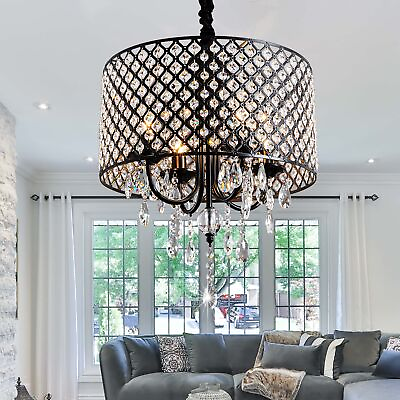 #ad Modern Drum Crystal Chandeliers 4 Lights Glam Lighting Fixture with Black Fin... $145.30