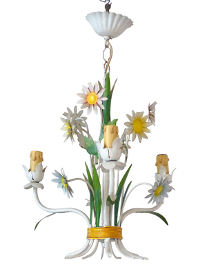 #ad Charming Florentine Chandelier Painted Metal Tole Flowers 70#x27;s Italian Ceiling 8 $370.00