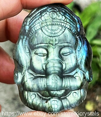 #ad 1pcs Natural Labradorite Quartz Crystal Hand Carved Ganesha Healing $16.99