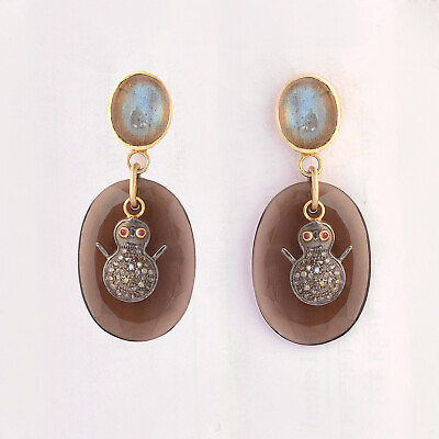 #ad Ruby Labradorite Diamond Pave 925 Silver Vintage Earrings 14K Gold Fine Jewelry $218.99