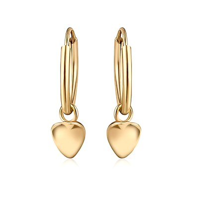 #ad Solid 14K Gold Small Puff Heart Dangling On 14K Gold Endless Hoop Earring 1x10MM $34.99