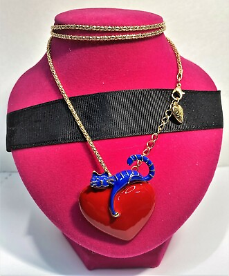 #ad BETSEY JOHNSON JEWELRY RED HEART BLUE CAT GOLD HIGHLIGHT GOLD CHAIN amp; TAG $31.99