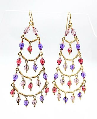 GORGEOUS Artisanal Lavender Fuchsia Purple Crystals Gold Chandelier Earrings $26.39