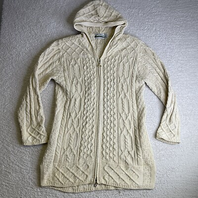 #ad Aran Crafts Sweater Women Medium Cream Cable Knit Cardigan Zip Ireland Hoodie $35.88