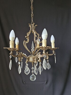 #ad Vintage Antique Brass Crystal Chandelier Lighting With Ceiling Light 5 Arms $238.00