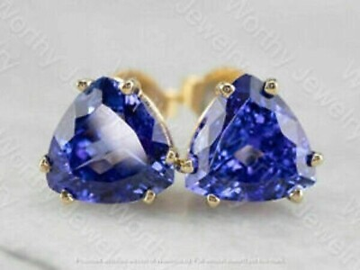 #ad 14k Yellow Gold Finish 4Ct Trillion Cut Blue Tanzanite Solitaire Stud Earrings $65.40