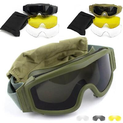 #ad 3 Lens Army Airsoft Paintball Motorcycle Windproof Shooting Wargame Glasses $21.24