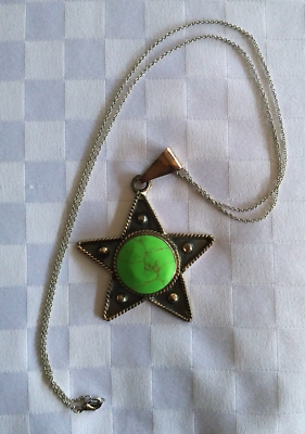 #ad Necklace star silver pendant bright green stone quot;925 TC175 Mexicoquot; 24quot; chain $43.00