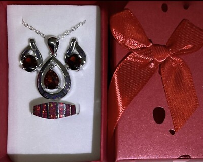 #ad Exquisite Black Cherry Red Fire Opal Garnet Red Necklace Earrings amp; Ring 8 Set $20.50