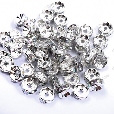 #ad 50 8mm White Silver Rhinestone Concave Roundel beads for making spinning lures $6.99