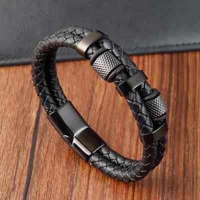 #ad Men#x27;s Genuine Leather Braided Bracelet Stainless Steel Magnetic Buckle Bangle $12.98