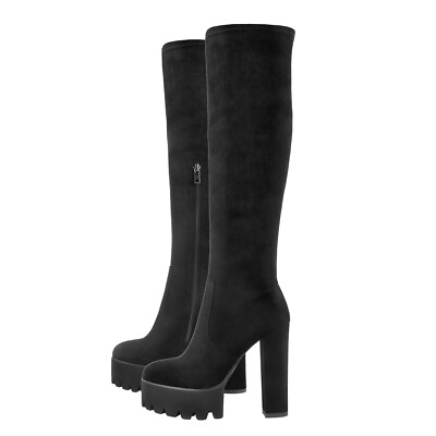 #ad onlymaker Women#x27;s Chunky Platform Round Toe Side Zipper Stretch Knee High Boots $99.99