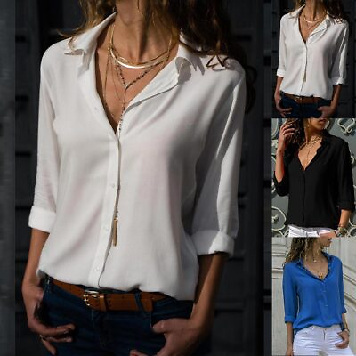 #ad Ladies Solid Single Breasted Casual Tops Long Sleeve Turn Down Collar T shirts $14.99