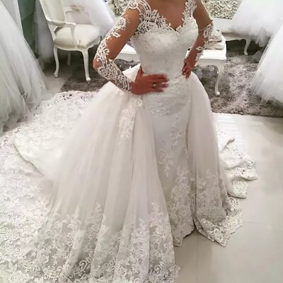 #ad Exquisite Mermaid Wedding Dresses 2 in 1 Detachable Train Long Sleeve Bride Gown $164.89