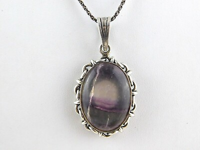#ad Sterling Silver Pale Banded Fluorite Pendant Necklace 925 Chain Link Setting $34.50