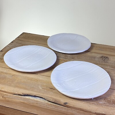 #ad Set Of Three Handmade Studio Ceramic White Plates w Wood Grain Design Unsigned $42.50