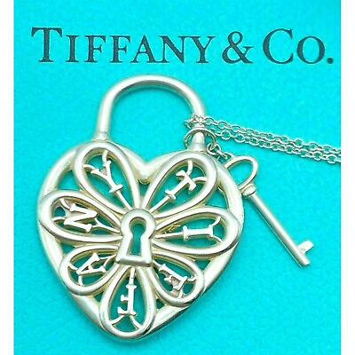 #ad Tiffany amp; Co. Necklace Heart Lock Key Filigree Pendant Charm Necklace 18quot; Chain $431.24