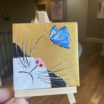 #ad Cat Butterfly Original Painting On Canvas 3 3 animalsartworkminismall $15.00