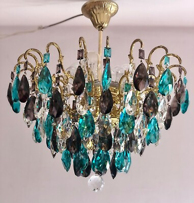 #ad Antique vintage crystal chandelier turquise black clear Hand Painted flush mount $595.00