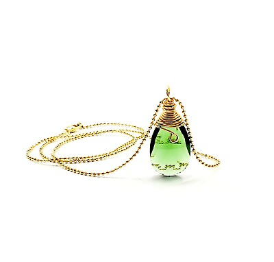 #ad Gold Filled Chain Necklace Green Teardrop Crystal Stone Pendant Women Fashion $31.00