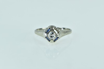 #ad 18K 0.30 Ctw Diamond Sapphire Art Deco Engagement Ring White Gold *49 $339.96