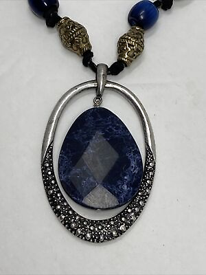 #ad CHICO#x27;S Necklace Blue Silver Tone Gold Tone Engraved Beads Concentric Pendant $19.17