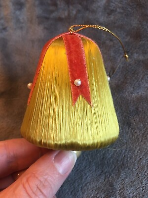 #ad Vintage Golden Silk String Bell Hanging Christmas Ornament Mid Century Holiday $8.95