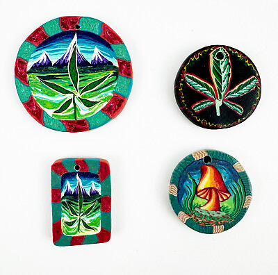 #ad 4 Psychedelic Marijuana Leaf Mushroom Vintage Fimo Pendant Discs Made in Africa $9.99