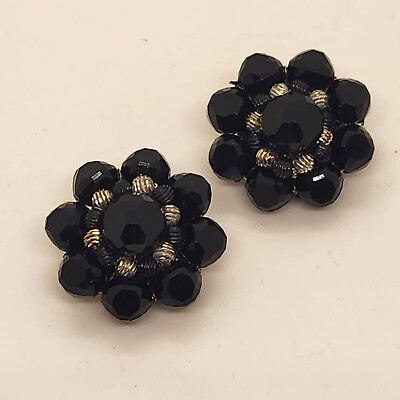 #ad Vintage Cluster Clip On Earrings Black Gold Tone Beaded West Germany $10.99