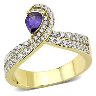 #ad Gold cocktail ring amethyst pear purple ladies simulated diamonds steel GBP 21.99