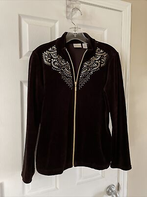 #ad Chicos Zenergy Jacket Brown Gold Beaded ￼Velour Zip Front Jacket Coat Sz 0 $22.39