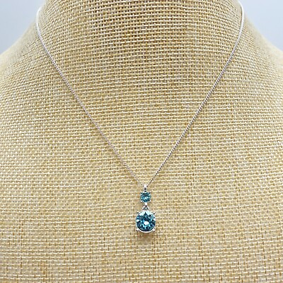 #ad Nine West Necklace Blue Round Crystal Pendant Silver Tone Chain 16 Inch Jewelry $10.39