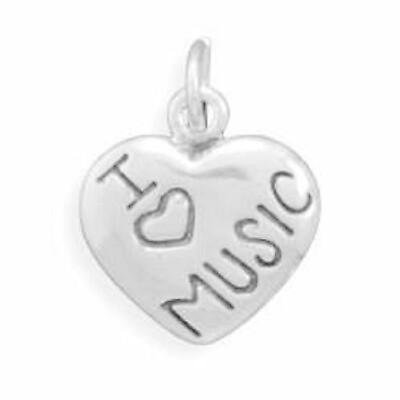 #ad Oxidized quot;I Love Musicquot; Scripted Heart Charm Pendant Men Boys Gift 14K White GP $40.85