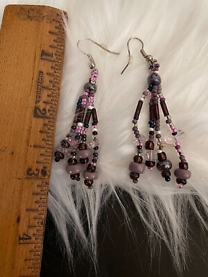 #ad Long Dangling Seed Bead Earrings Pierced Purple Lavender Pink Jewelry $6.79