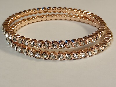 #ad Rose Gold Clear Crystal Bangle Bracelet Cuff Set 2 Grooved Multi Layer Quality $19.87