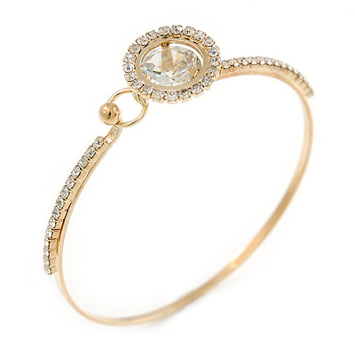 #ad Delicate Clear Crystal CZ Round Cut Stone Thin Bangle Bracelet In Gold Tone GBP 11.00
