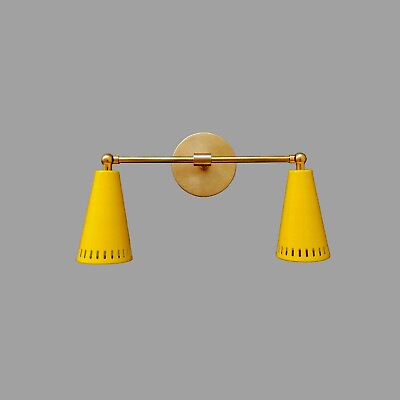 #ad 1950s Mid Century Yellow Cone Shape Brass Wall Sconce Light Italian Diabolo Lamp $137.00
