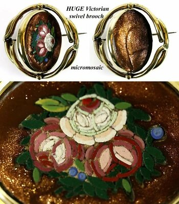 #ad Antique Goldstone Micro Mosaic Brooch Floral Complete no damage Micromosaic $221.25