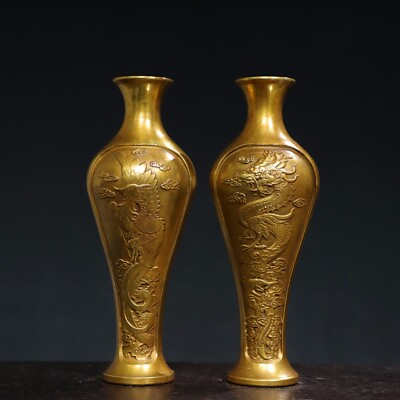 #ad 8quot; China Antique qing dynasty Bronze gilt Qianlong mark pair Dragon phoenix vase $209.99