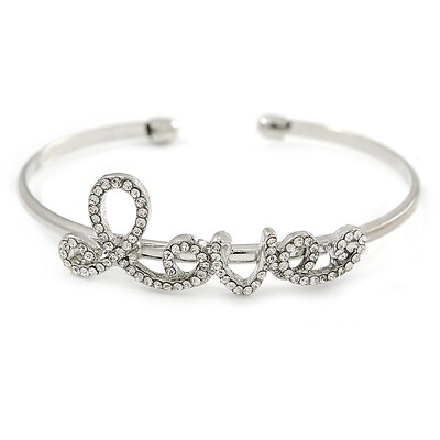 #ad Delicate Clear Crystal #x27;Love#x27; Cuff Bangle Bracelet In Silver Tone 19cm GBP 10.80