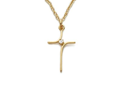#ad Sterling Silver Curved Cross Pendant with Rhinestone on Chain Boxed Gift 18 In $67.88