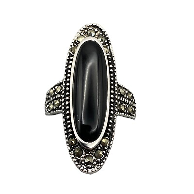 #ad Marcasite Black Marquise Style Cocktail Ring Silvertone Size 8.5 Signed GR $9.99
