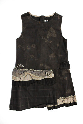#ad IKKS Childrens Girls Floral Twill Sleeveless Ruffle Jumper Dress Brown Size 6 $34.81