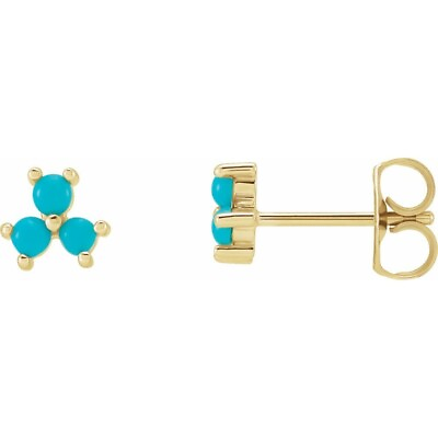 #ad 3MM Round Three Stone Turquoise Earrings Solid 14K Yellow Gold Push Back Studs $268.27