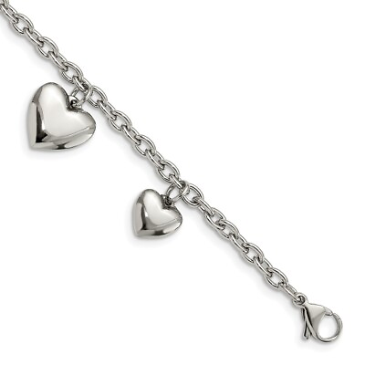 #ad Stainless Steel Puffed Hearts Charm Bracelet 8 Inch $52.98