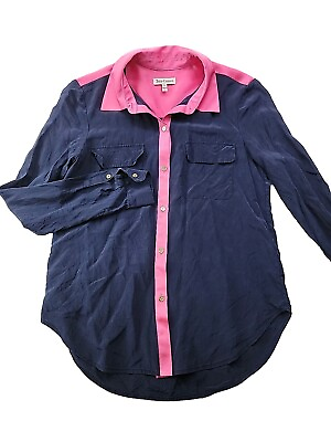 #ad Juicy Couture Women#x27;s XS Navy Pink Colorblock Button Up 100% Silk Blouse LS $20.43