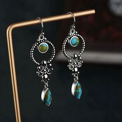 #ad Elegant Boho Drop Earrings vintage 925 Silver Plated Blue Jewelry Lab Created $3.55