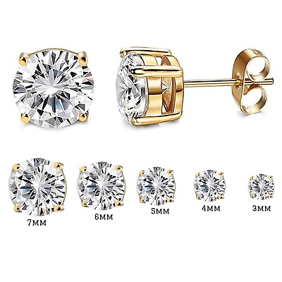 #ad Elegant Round Cut 14K Gold Plated Sterling Silver CZ Studs Choose Your Size $14.00